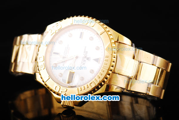 Rolex Yachtmaster Swiss ETA 2836 Automatic Movement Full Gold Case/Strap with White Dial and Diamond Hour Marker - Click Image to Close